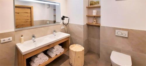 een badkamer met een wastafel, een toilet en een spiegel bij vomLandl Natur Lofts & Apartments Leogang in Leogang