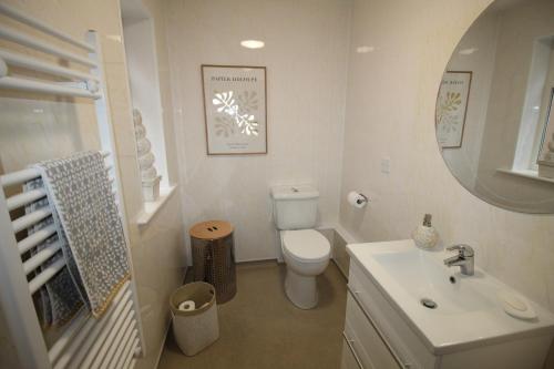 a bathroom with a toilet and a sink and a mirror at The Bungalow in Lytham St Annes