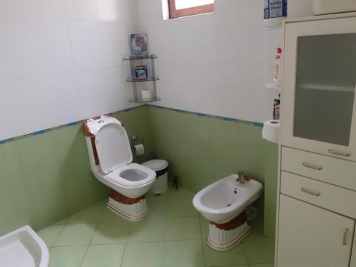 La salle de bains est pourvue de toilettes et d'un lavabo. dans l'établissement Kanushi house, à Gjirokastër