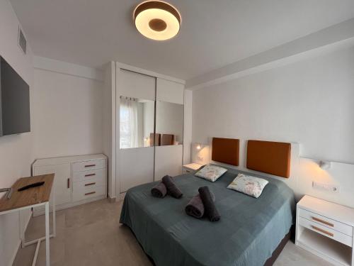 una camera con letto, scrivania e specchio di Atico Helena con solarium y jacuzzi privado en Laguna Beach a Vera