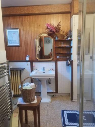 une salle de bain avec un lavabo et un miroir dans l'établissement Maison traditionnelle sur les collines Niçoises, à Nice