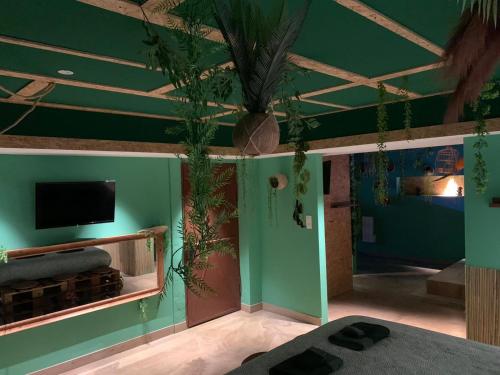 a room with green walls and a flat screen tv at The Secrets Jungle in Altkirch