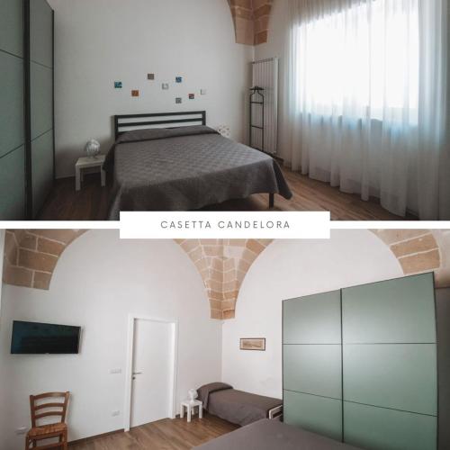 two pictures of a bedroom with a bed in a room at CASETTA CANDELORA in Manduria