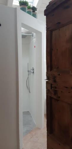 a bathroom with a shower in a white wall at La Locanda della Torre "Foresteria Lombarda" in Marne di Filago