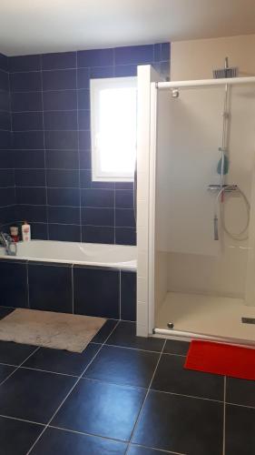 La salle de bains est pourvue d'une baignoire, d'une douche et d'une fenêtre. dans l'établissement Villa climatisée avec piscine proche de la mer, à Torreilles