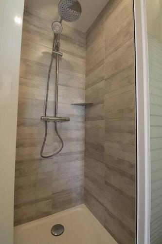 une douche avec pommeau de douche dans une salle de bain dans l'établissement T2 VILLAS ACUM 4 pers-Agosta PLAGE- parking, à Albitreccia