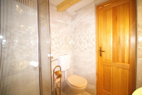 y baño con aseo y ducha acristalada. en Authentic Stone House with an outdoor living room en Jezera