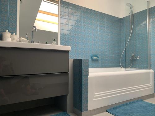 bagno con doccia, vasca e lavandino di Les Quartiers d'Annelise a Verdun-sur-Meuse