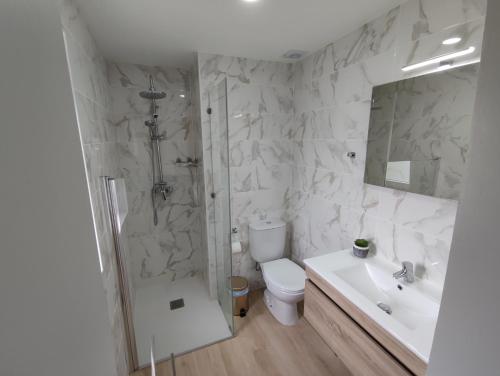 a bathroom with a toilet and a shower and a sink at Casa da Eirinha - Azibo in Macedo de Cavaleiros
