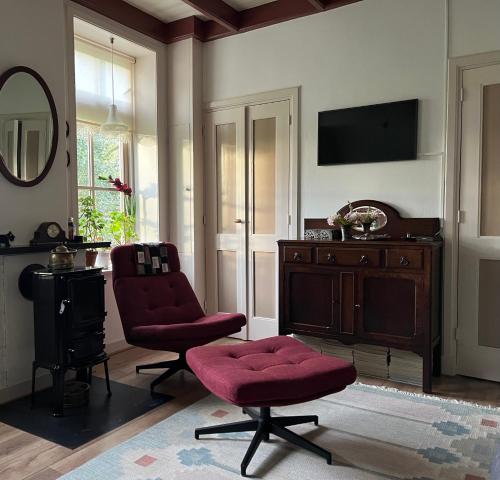 a living room with two red chairs and a mirror at Natuurhuisje OosterEese in Eesveen