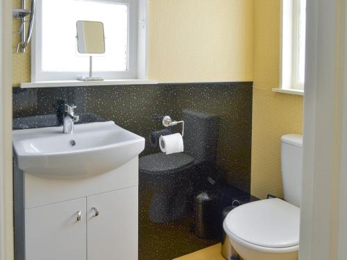 a bathroom with a sink and a toilet and a window at Herons Rest Cottage - Uk5768 in Milton