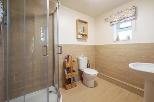 a bathroom with a shower and a toilet and a sink at Suffolk Fieldview Country Cottage in Toft Monks