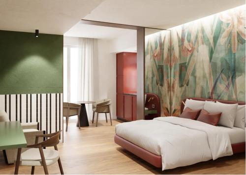 - une chambre avec un grand lit et une peinture murale dans l'établissement Hotel Ungheria Varese 1946, à Varèse