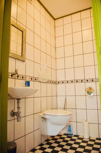 a bathroom with a toilet and a sink at Het Melkhuis op prachtig Landgoed Koepeltjesplaats in Gaast