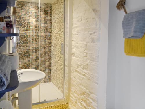 a bathroom with a shower and a sink at Honeysuckle Bay Cottage in Brixham