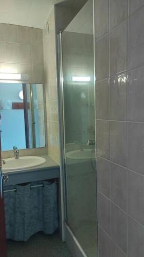 une salle de bain avec douche et lavabo dans l'établissement ECHALAR Piscine Vue Montagnes, à Souraïde