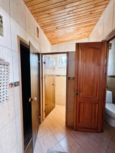 a bathroom with a toilet and a wooden door at 100SaulesVikingi in Grobiņa