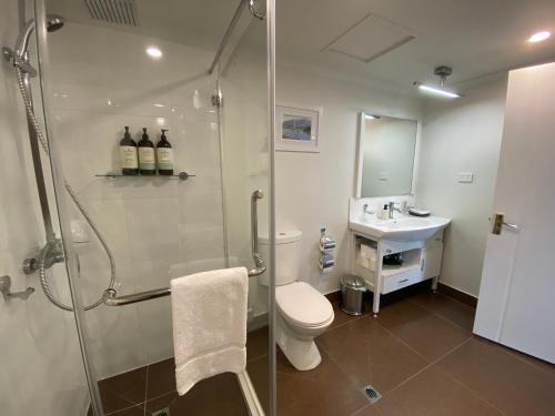 y baño con ducha, aseo y lavamanos. en Battery Point Apartment on Hampden, en Hobart