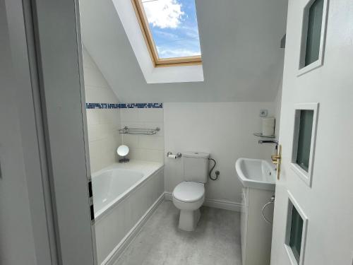 a bathroom with a toilet and a sink and a skylight at Rose Cottage in Prievidza