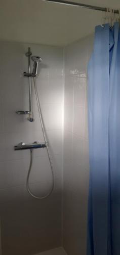 La salle de bains est pourvue d'une douche et d'un rideau de douche bleu. dans l'établissement Gîte dans hameau, à Ugine