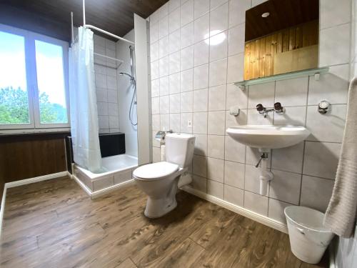 łazienka z toaletą i umywalką w obiekcie Monteurzimmer ZIMMERzuVERMIETEN in Biberist w mieście Biberist