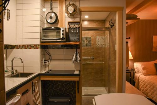 a small kitchen with a sink and a microwave at Gite Grand Môment in Cabano