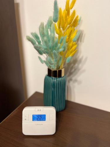 a clock sitting on a table next to a vase with flowers at CRISTAL Home Boutique Apartment 1 - Confort, Spatios, Linistit, Zona de interes in Craiova