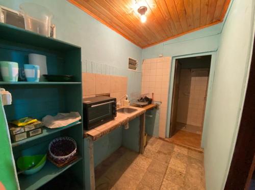 a small kitchen with a sink and a microwave at Brisas del rio in Formosa