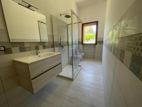 bagno con lavandino, doccia e servizi igienici di Veranda Piau a Tertenìa