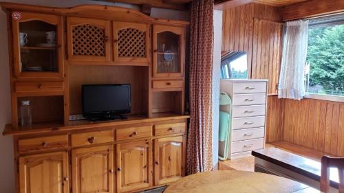 una camera da letto con un centro di intrattenimento in legno con televisore di Studio in Residencia Maresme Neu - La Molina ad Alp