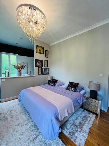 a bedroom with a large bed and a chandelier at CASA ALTEA in La Chapelle-de-Guinchay