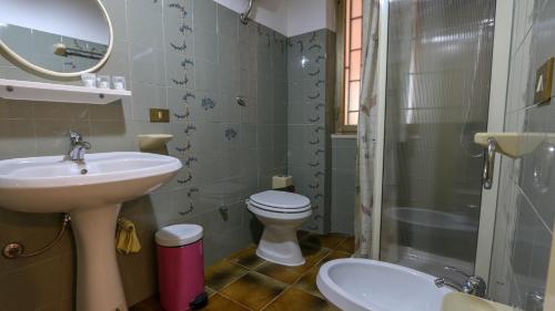 a bathroom with a sink and a toilet and a shower at Welcomely - Country House Perda e Testa in Mamoiada