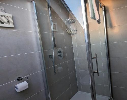 La salle de bains est pourvue d'une douche avec une porte en verre. dans l'établissement Elegant Relaxed Studio, à Maynooth