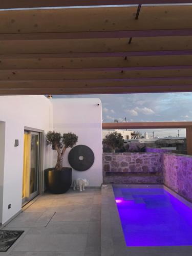 a house with a purple floor and a swimming pool at Brilliance of Mykonos in Glastros
