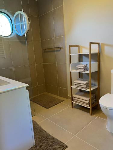 a bathroom with a shower and a toilet at Blooming Botanic Houses in Estreito da Calheta
