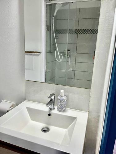 un lavabo blanc dans une salle de bain avec un miroir dans l'établissement Appartement 2 pièces - PLACE MORNY, à Deauville