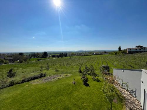 an aerial view of a green field with the sun in the sky at Ubytování U Vinice in Mělník