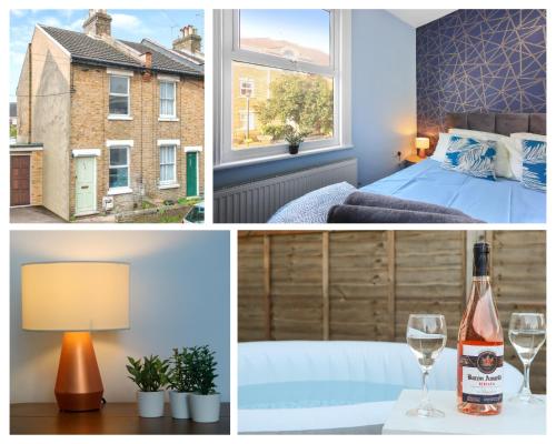 a collage of photos with a bedroom and a bottle of wine at Pet Friendly Maidstone City Home - 3 Bedrooms with Fast Wi-Fi in Maidstone