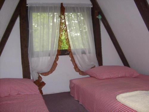 a bedroom with two beds and a window with curtains at Holiday home Mir - countryside house with jacuzzi in Krapje