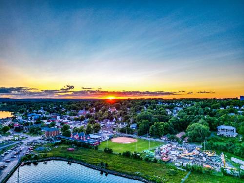 an aerial view of a city at sunset at Seabank House Bed and Breakfast Ahoy in Pictou