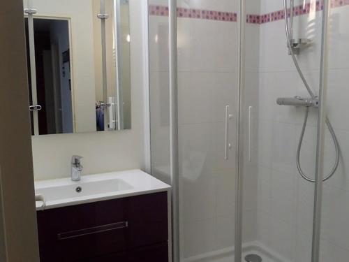 une salle de bain avec une douche, un lavabo et un miroir dans l'établissement Arcachon - Ville d'Automne: Agréable T3 pour 4 avec Balcon, Parking et Proche Plage - FR-1-420-30, à Arcachon