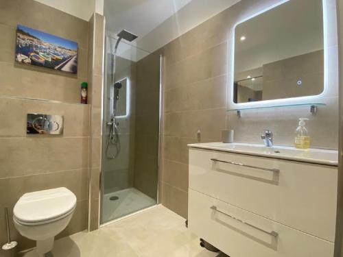 une salle de bain avec toilettes, lavabo et douche dans l'établissement SEA FRONT View Top Roof Flat, à Nice