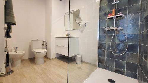 a bathroom with a toilet and a glass shower at PENTHOUSE MAJESTIC, MC, Bnbrickeys in Monte Carlo