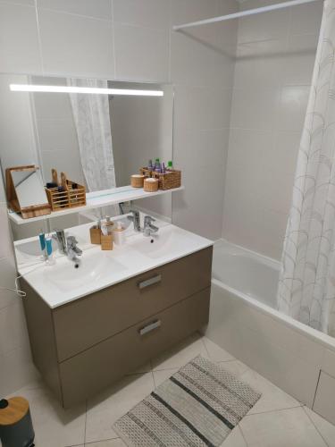 La salle de bains est pourvue d'un lavabo, d'un miroir et d'une baignoire. dans l'établissement Appartement aux Minimes, à La Rochelle