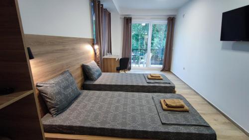 two twin beds in a room with a tv at Villa Natali in Ohrid