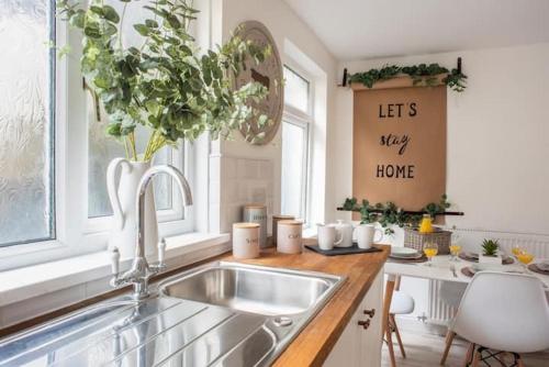 una cocina con fregadero y un jarrón de plantas en Cottage by Rhigos Mountains, en Treherbert