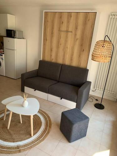 un salon avec un canapé et une table dans l'établissement Joli Studio avec piscine, à Mandelieu-la-Napoule