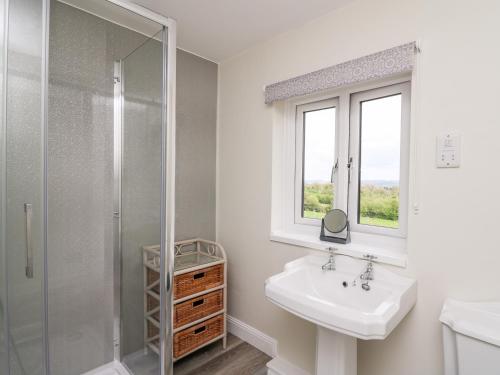 ein weißes Bad mit einem Waschbecken und einer Dusche in der Unterkunft Applecroft in Coreley