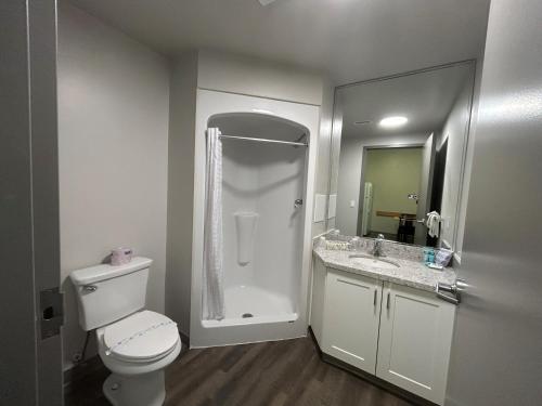 a bathroom with a toilet and a shower and a sink at Residence & Conference Centre - Brampton in Brampton
