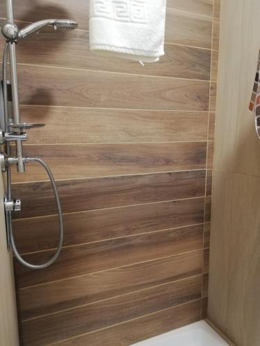 a shower in a bathroom with a wooden wall at CASA Di EDO in Brindisi
